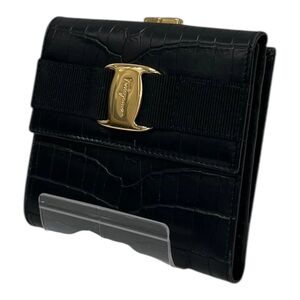 Salvatore Ferragamo Black Croc-Embossed Leather Trifold Wallet with Gold Emblem